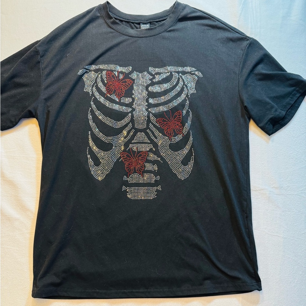 SHEIN Black‎ Tee with Red and White Skeleton Design